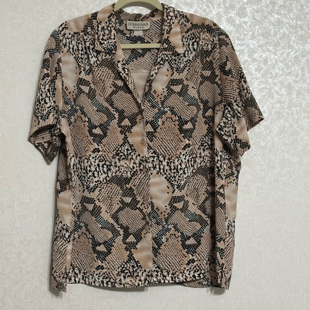Donnkenny Snakeskin Animal Print Button Down Short Sleeve Blouse Brown Tan XL